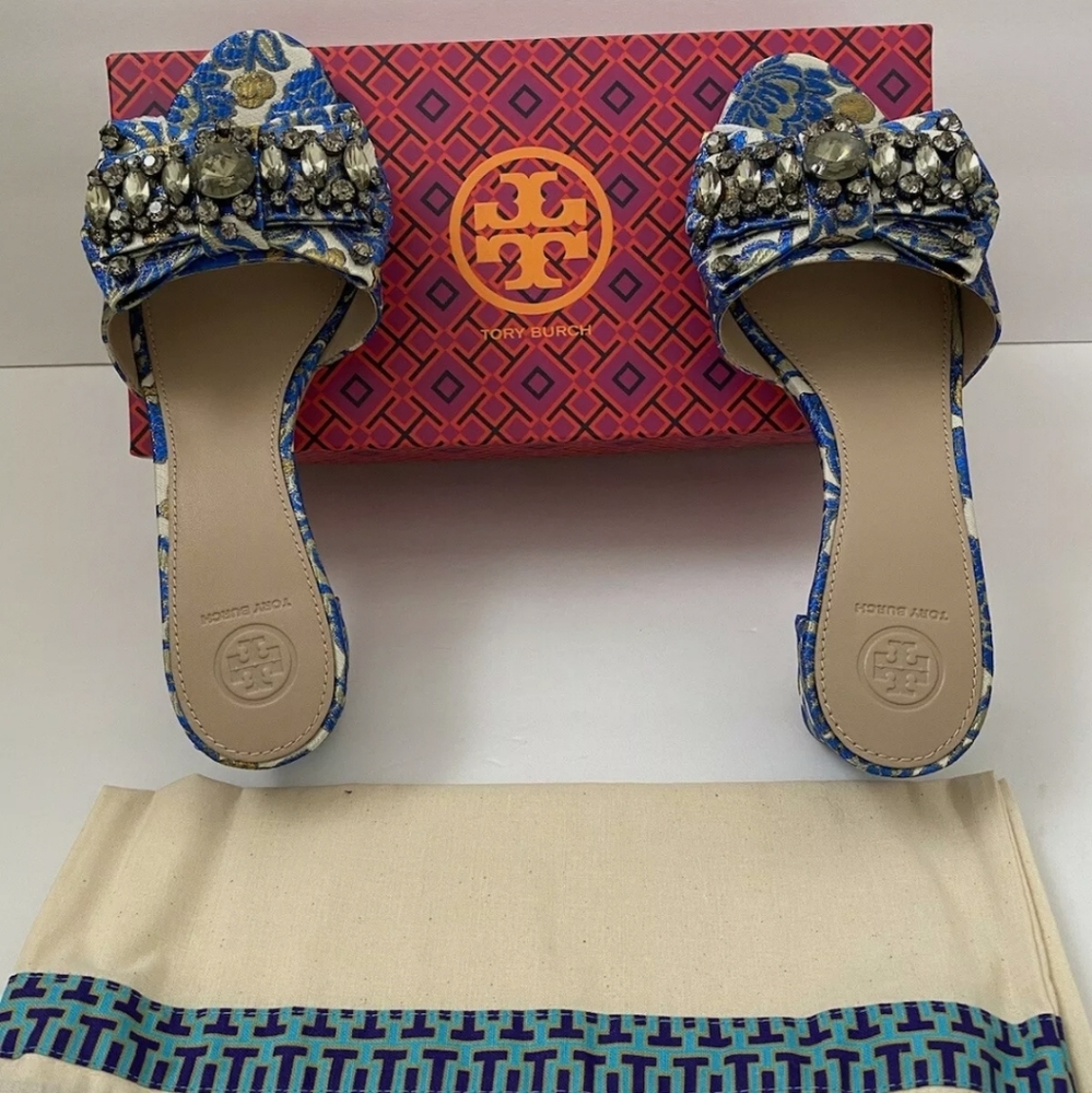 Tory Burch Blue Metallic Floral Valentina 45 MM Bow Slide Barricade Sandals 9.5